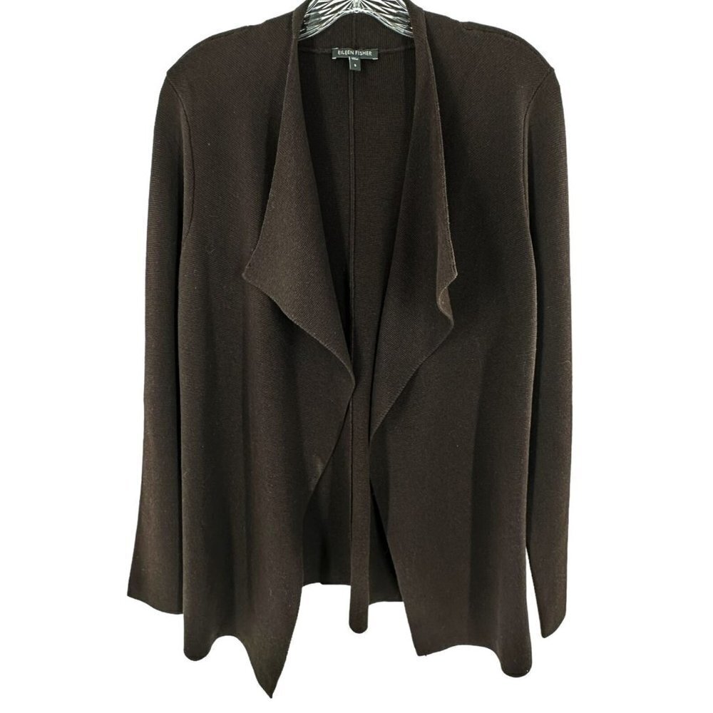 EILEEN FISHER Chocolate Brown Silk/Cotton Interlock Knit Draped Cardigan Small